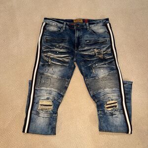 Makobi Destin Biker Moto Denim Jeans Men Size 36x34 Dark Wash